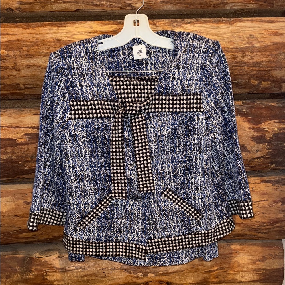 💙Gorgeous M/10 CAbi Blue Tweed Bow-Front Jacket & Skirt  with Houndstooth Trim